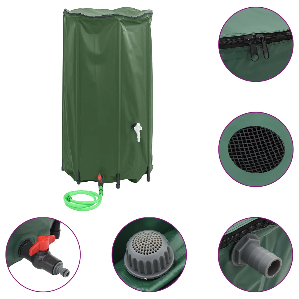 Kokkupandav vihmaveetünn kraaniga, 380 l, roheline PVC, 70 x 100 cm