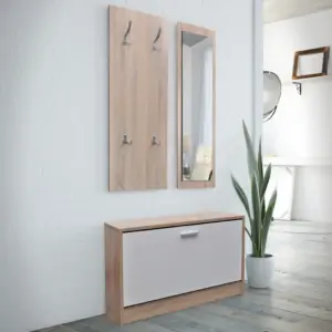 Kolm ühes esikumööbli komplekt jalanõukapi, peegli ja riidenagiga, tamme ja valge, jalanõukapp 80 x 27 x 46,5 cm