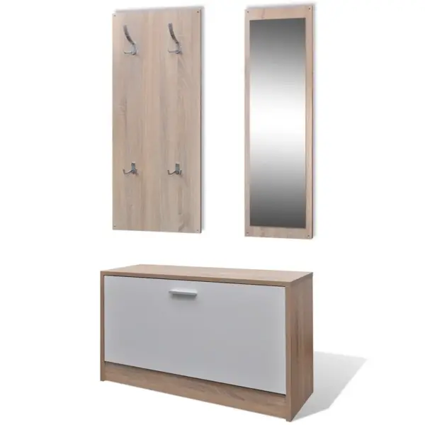 Kolm ühes esikumööbli komplekt jalanõukapi, peegli ja riidenagiga, tamme ja valge, jalanõukapp 80 x 27 x 46,5 cm – 2