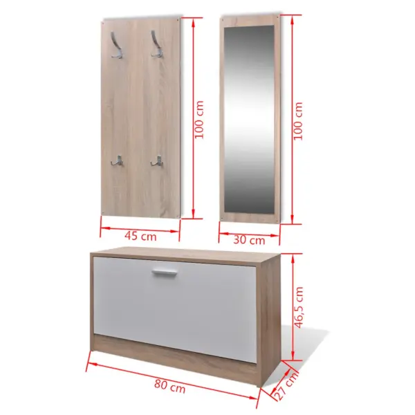 Kolm ühes esikumööbli komplekt jalanõukapi, peegli ja riidenagiga, tamme ja valge, jalanõukapp 80 x 27 x 46,5 cm – 8