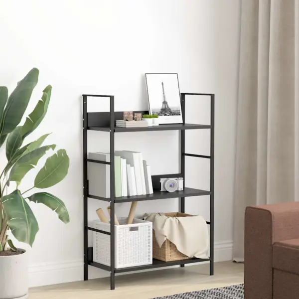 Kolmekorruseline raamaturiiul, must, tehispuit ja teras, 60 x 27,6 x 90,5 cm – 3