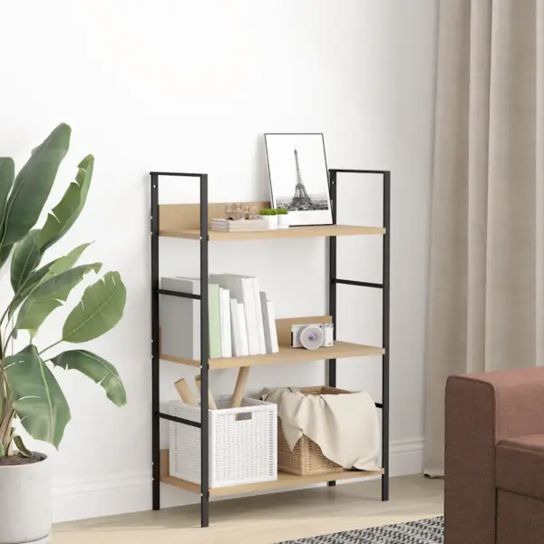 Kolmekorruseline raamaturiiul tamm ja must, tehispuit ja teras, 60 x 27,6 x 90,5 cm – 3