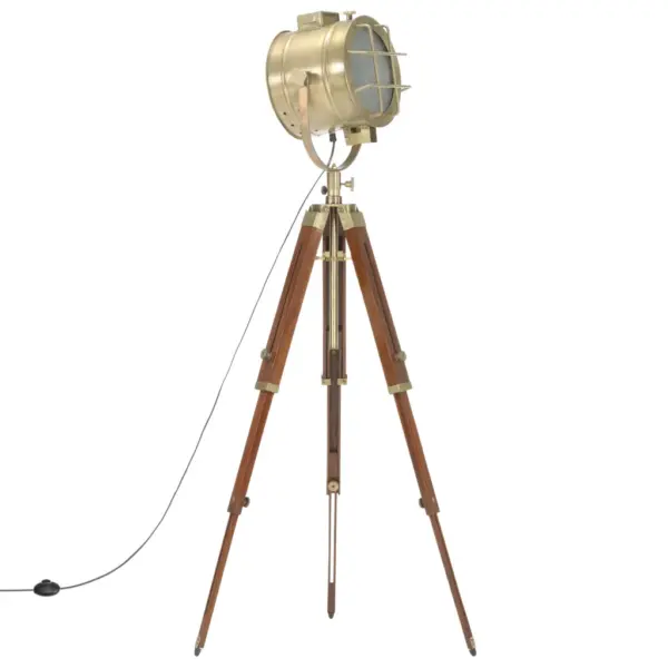 Kolmjalgne põrandalamp reguleeritava kõrguse ja pööratava varjuga, mangopuit ja messing, 94–165 cm – 2