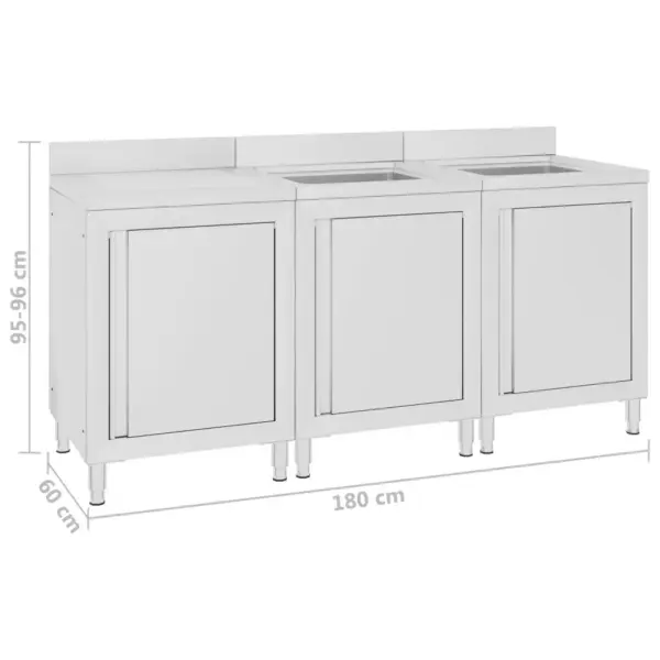 2 valamu- ja 1 äravoolukapiga kommertsköögi valamukomplekt, roostevaba teras, 180 x 60 x 95–96 cm – 6