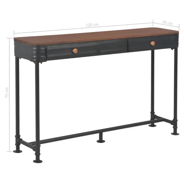 Tööstusliku stiiliga konsoollaud 2 sahtliga, kuusepuit ja must metallraam, 120 x 30 x 75 cm - 10