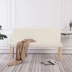 Polsterdatud esikupink seljatoega, kreemjas kunstnahk, männipuidust raam, 139,5 cm