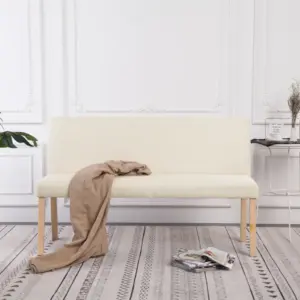 Kreemjas polsterdatud esikupink naturaalset tooni männipuidust raamiga, 139,5 cm