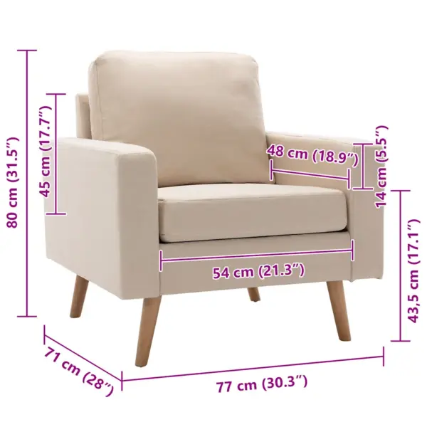 Kreemjasvalge kangast tugitool puitraamiga, 77 x 71 x 80 cm – 7