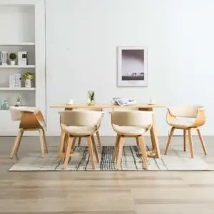 Kreemjasvalged kunstnahast söögitoolid painutatud puidust raamiga, 6 tk