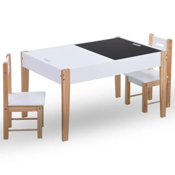 Laste laud ja 2 tooli komplekt kriiditahvliga, hoiuruumiga, MDF ja männipuit, valge ja puidutooni, laud 90 x 60 x 51 cm – 2