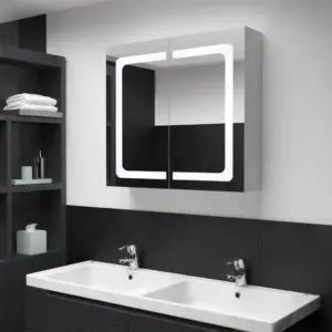 LED-valgustusega vannitoa peegelkapp, 80 x 12,2 x 68 cm, valge ja hõbedane, kahe ukse ja 3 riiuliga
