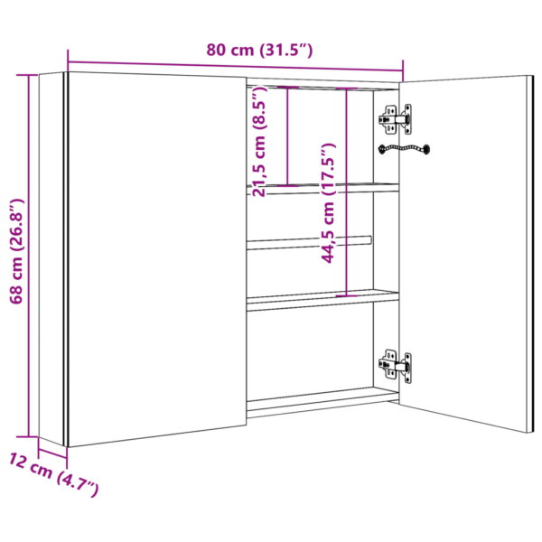 LED-valgustusega vannitoa peegelkapp, 80 x 12,2 x 68 cm, valge ja hõbedane, kahe ukse ja 3 riiuliga – 8