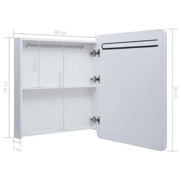 LED-valgustusega vannitoa peegelkapp, valge ja hõbedane, melamiinviimistlusega MDF, klaasist peegel, USB-liidesega, 68 x 9 x 80 cm – 7