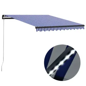 Käsitsi sissetõmmatav LED varikatus, 300 x 250 cm, sinivalge triibuline, hall raam