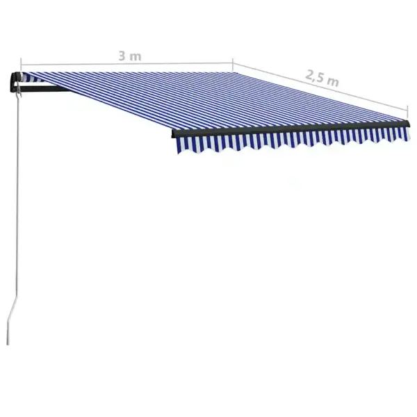 Käsitsi sissetõmmatav LED varikatus, 300 x 250 cm, sinivalge triibuline, hall raam – 11