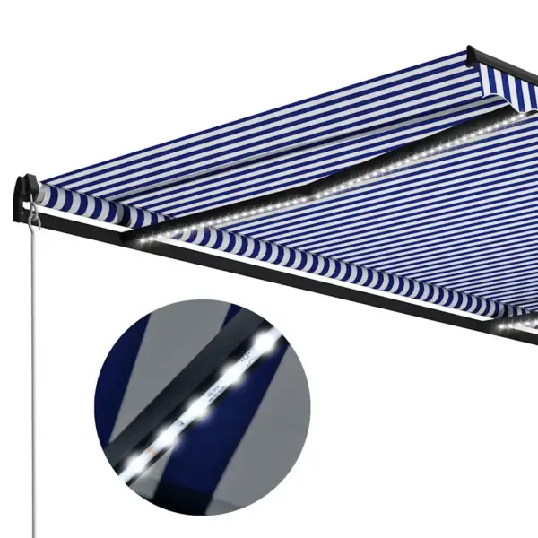 Käsitsi sissetõmmatav LED varikatus, 300 x 250 cm, sinivalge triibuline, hall raam – 5
