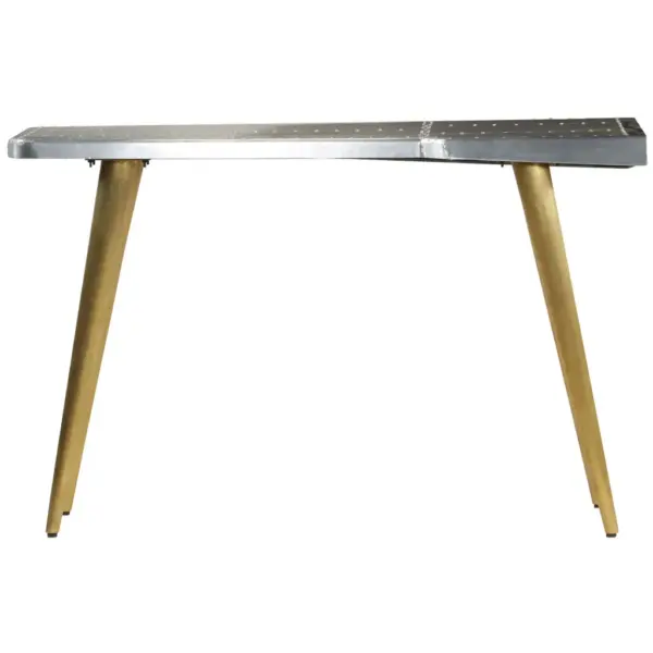 Lennukistiilis kirjutuslaud mangopuidu ja alumiiniumpaneelidega, messinguvärvi terasjalgadel, 120 x 60 x 76 cm – 3