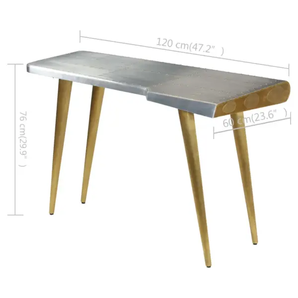 Lennukistiilis kirjutuslaud mangopuidu ja alumiiniumpaneelidega, messinguvärvi terasjalgadel, 120 x 60 x 76 cm – 10
