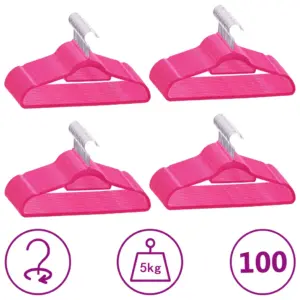 Libisemiskindlad sametpinnaga riidepuud, 100 tk, roosa, 44,5 cm