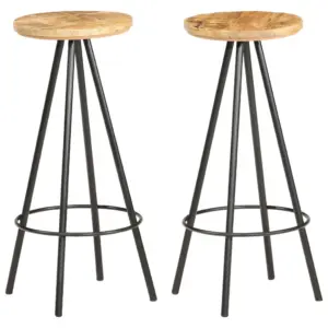 Tööstusliku stiiliga baaripukid jalatoega, 2 tk, töötlemata mangopuit ja must metall, 73 cm