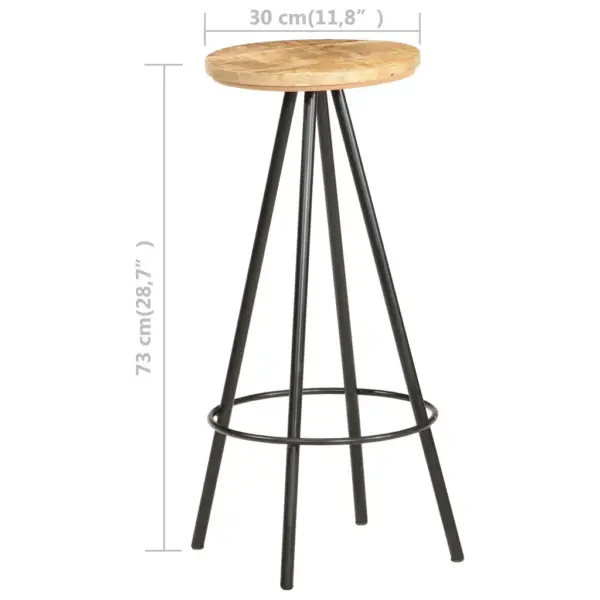 Tööstusliku stiiliga baaripukid jalatoega, 2 tk, töötlemata mangopuit ja must metall, 73 cm – 5