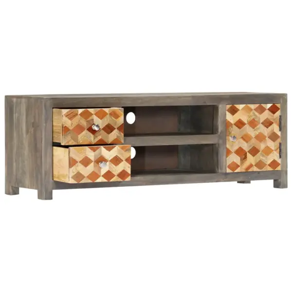 Telerikapp rombimustriga, hall ja pruun mangopuit, 1 ukse, 2 sahtli ja 2 avatud riiuliga, 120 x 30 x 40 cm – 2