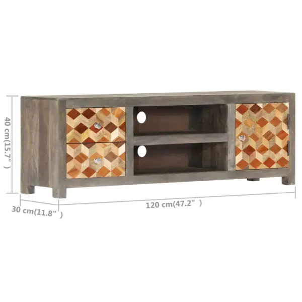Telerikapp rombimustriga, hall ja pruun mangopuit, 1 ukse, 2 sahtli ja 2 avatud riiuliga, 120 x 30 x 40 cm – 8