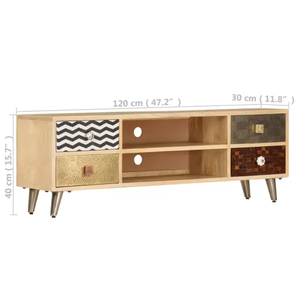 Industriaalstiilis mangopuidust telerikapp terasjalgadel, 2 riiulit ja 4 sahtlit, 120 x 30 x 40 cm – 11