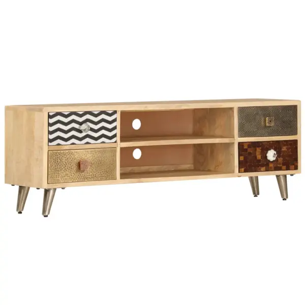 Industriaalstiilis mangopuidust telerikapp terasjalgadel, 2 riiulit ja 4 sahtlit, 120 x 30 x 40 cm – 12