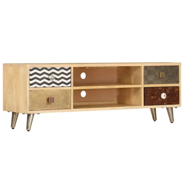 Industriaalstiilis mangopuidust telerikapp terasjalgadel, 2 riiulit ja 4 sahtlit, 120 x 30 x 40 cm – 13