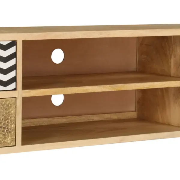Industriaalstiilis mangopuidust telerikapp terasjalgadel, 2 riiulit ja 4 sahtlit, 120 x 30 x 40 cm – 8