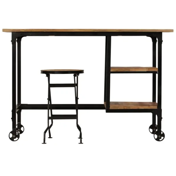 Mangopuidust kirjutuslaud riiulite ja ratastega kokkupandava taburetiga, 115 x 50 x 76 cm – 2