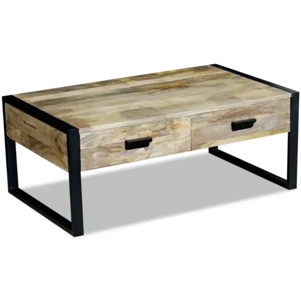 Mangopuidust kohvilaud 2 sahtliga, musta rauast raamiga, pruun, 100 x 60 x 40 cm – 2