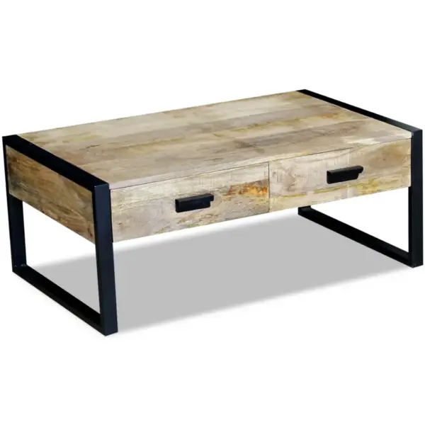 Mangopuidust kohvilaud 2 sahtliga, musta rauast raamiga, pruun, 100 x 60 x 40 cm – 3