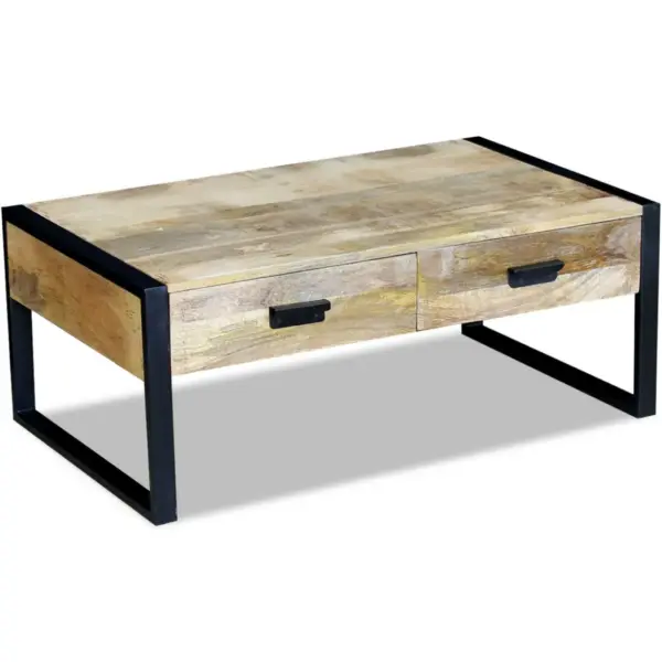 Mangopuidust kohvilaud 2 sahtliga, musta rauast raamiga, pruun, 100 x 60 x 40 cm – 4