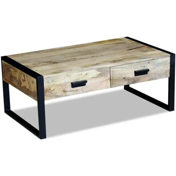 Mangopuidust kohvilaud 2 sahtliga, musta rauast raamiga, pruun, 100 x 60 x 40 cm – 5