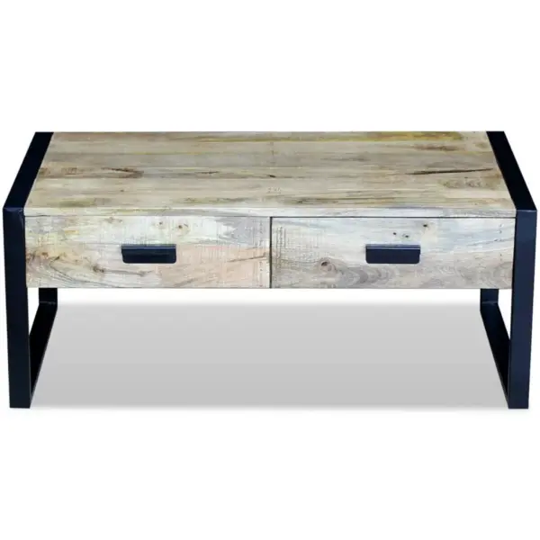 Mangopuidust kohvilaud 2 sahtliga, musta rauast raamiga, pruun, 100 x 60 x 40 cm – 6