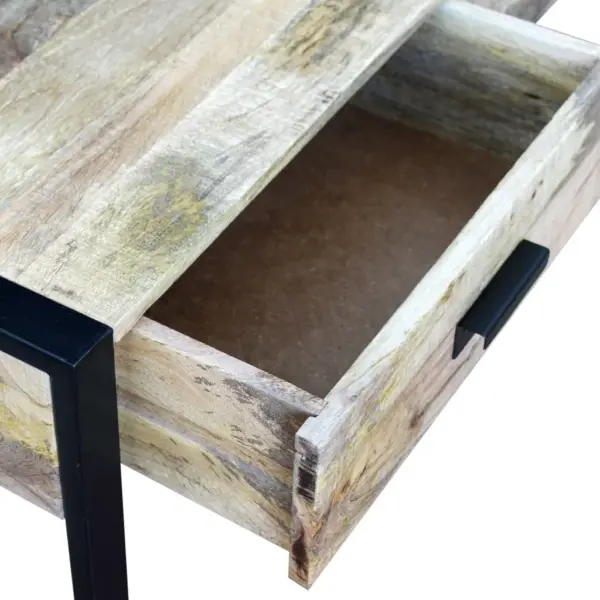 Mangopuidust kohvilaud 2 sahtliga, musta rauast raamiga, pruun, 100 x 60 x 40 cm – 7