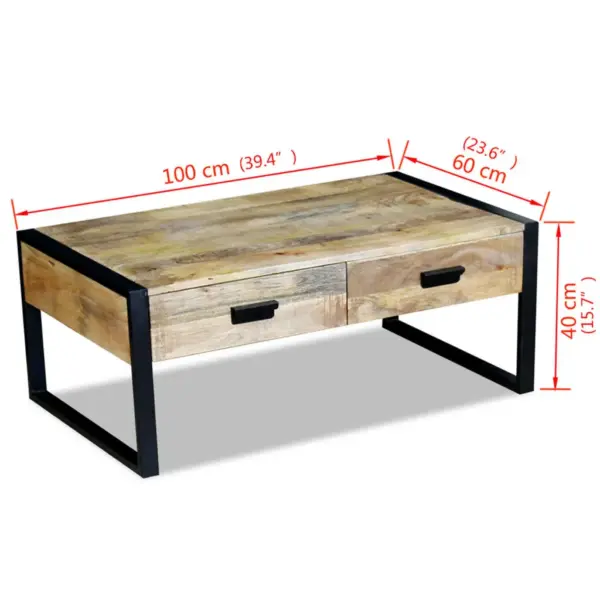 Mangopuidust kohvilaud 2 sahtliga, musta rauast raamiga, pruun, 100 x 60 x 40 cm – 8
