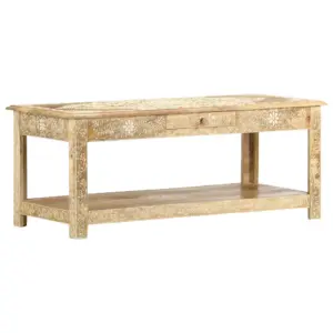 Käsitsi värvitud mangopuidust kohvilaud alumise riiuli ja sahtliga, 110 x 50 x 45 cm