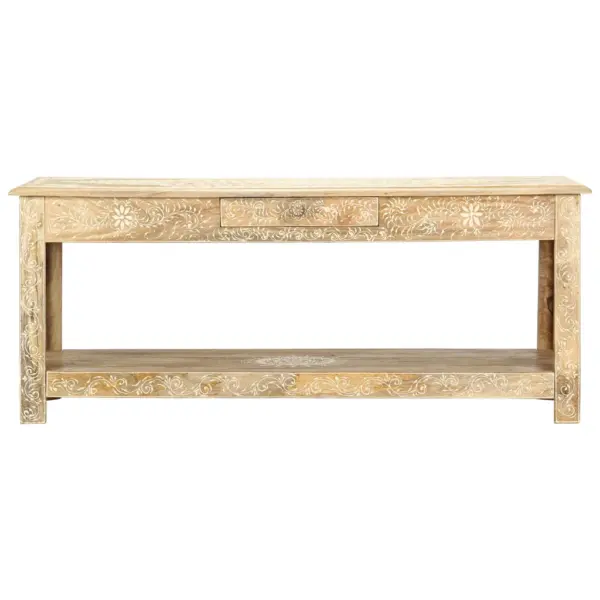Käsitsi värvitud mangopuidust kohvilaud alumise riiuli ja sahtliga, 110 x 50 x 45 cm – 2