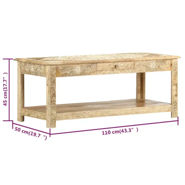 Käsitsi värvitud mangopuidust kohvilaud alumise riiuli ja sahtliga, 110 x 50 x 45 cm – 5