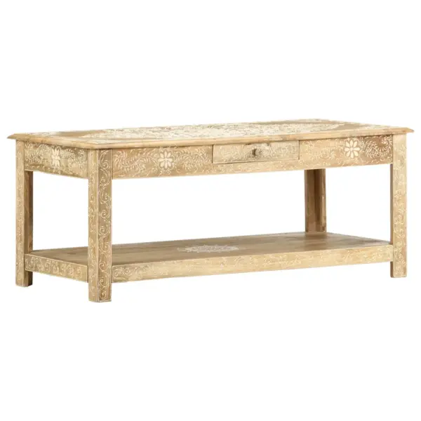 Käsitsi värvitud mangopuidust kohvilaud alumise riiuli ja sahtliga, 110 x 50 x 45 cm – 6