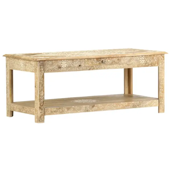 Käsitsi värvitud mangopuidust kohvilaud alumise riiuli ja sahtliga, 110 x 50 x 45 cm – 7