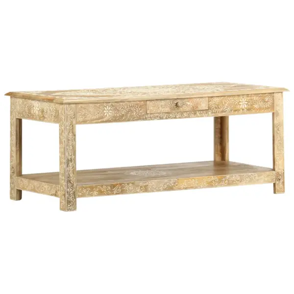 Käsitsi värvitud mangopuidust kohvilaud alumise riiuli ja sahtliga, 110 x 50 x 45 cm – 8