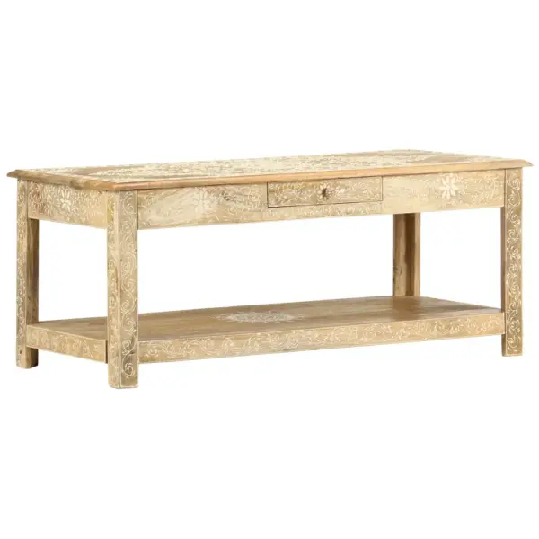 Käsitsi värvitud mangopuidust kohvilaud alumise riiuli ja sahtliga, 110 x 50 x 45 cm – 9