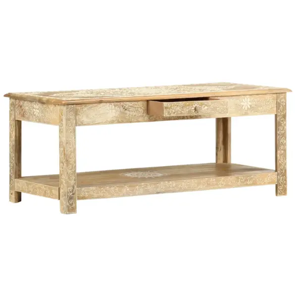 Käsitsi värvitud mangopuidust kohvilaud alumise riiuli ja sahtliga, 110 x 50 x 45 cm – 10