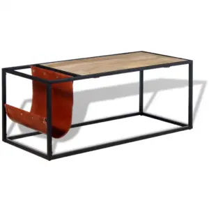 Tööstuslik mangopuidust kohvilaud kitsenahast ajakirjahoidjaga, pulbervärvitud terasraamiga, 110 x 50 x 45 cm