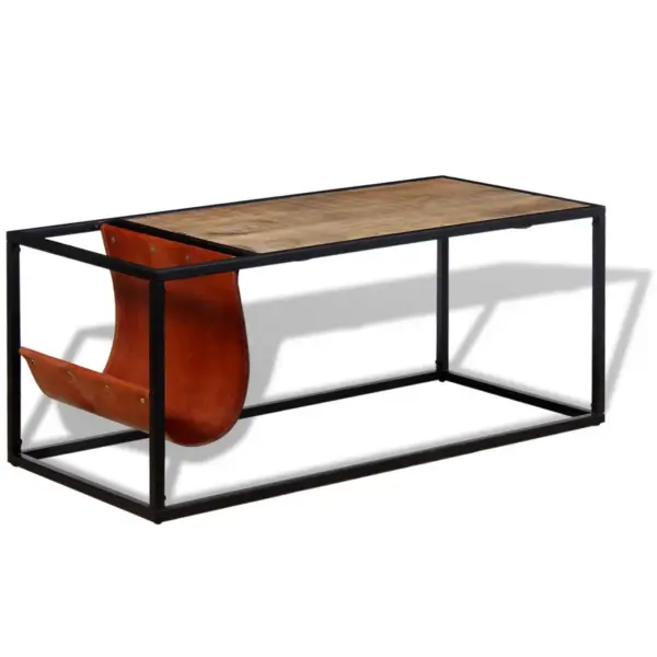 Tööstuslik mangopuidust kohvilaud kitsenahast ajakirjahoidjaga, pulbervärvitud terasraamiga, 110 x 50 x 45 cm – 2