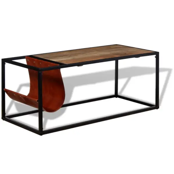 Tööstuslik mangopuidust kohvilaud kitsenahast ajakirjahoidjaga, pulbervärvitud terasraamiga, 110 x 50 x 45 cm – 3